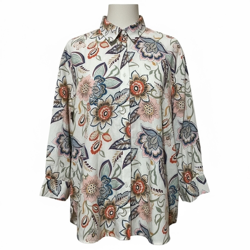 Chico's Non-Iron shirt top Size 4 equivalent to 20 22 Stretch blue orange pink